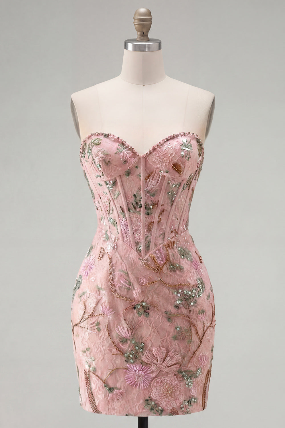 Sparkly Pink Corset Tight Short Floral Beaded Homecoming Dress