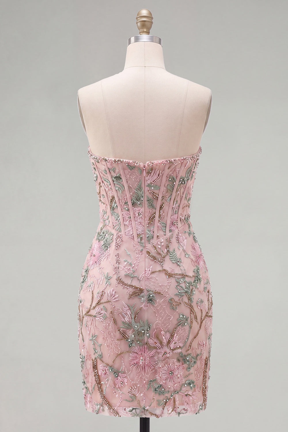 Sparkly Pink Corset Tight Short Floral Beaded Homecoming Dress