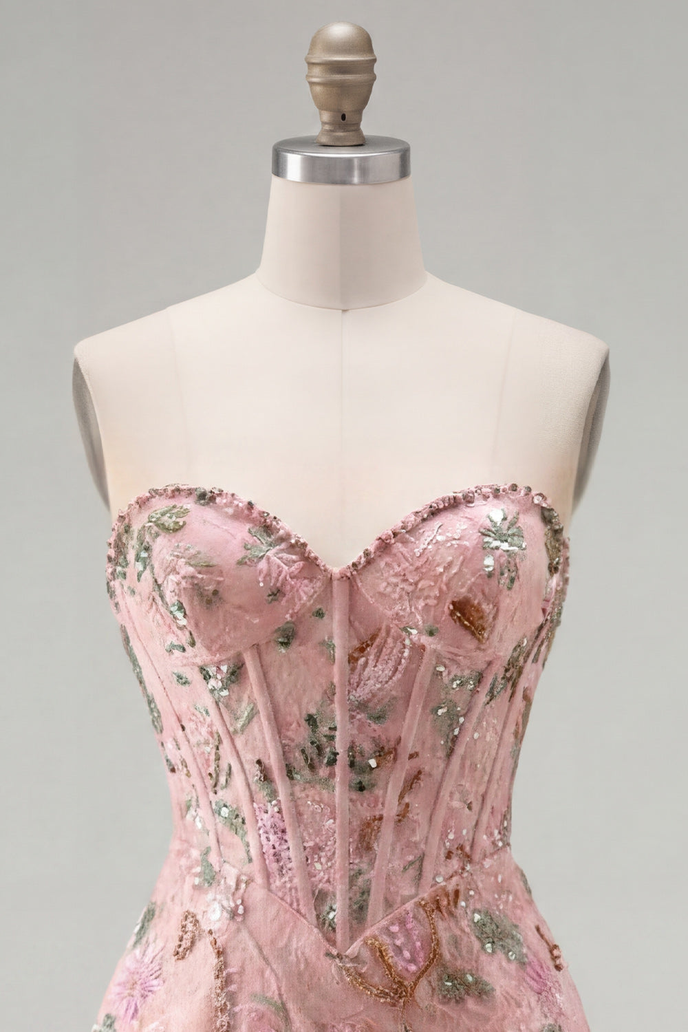Sparkly Pink Corset Tight Short Floral Beaded Homecoming Dress