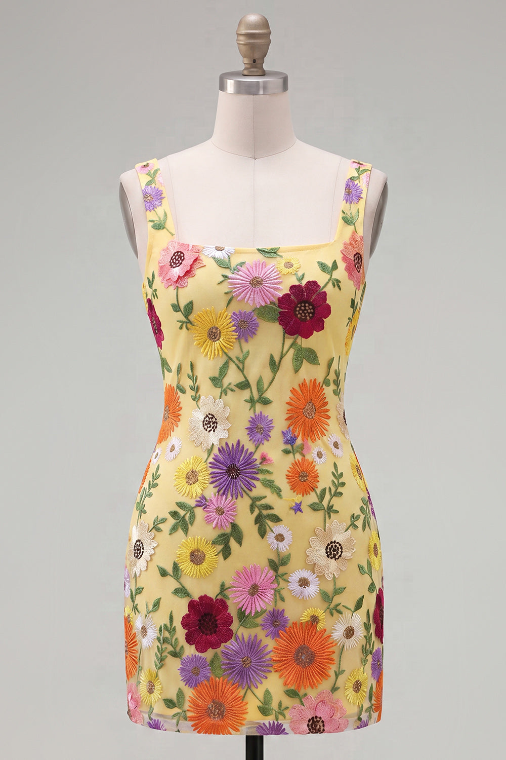 Butter Yellow Floral Square Neck Tight Short Homecoming Dress