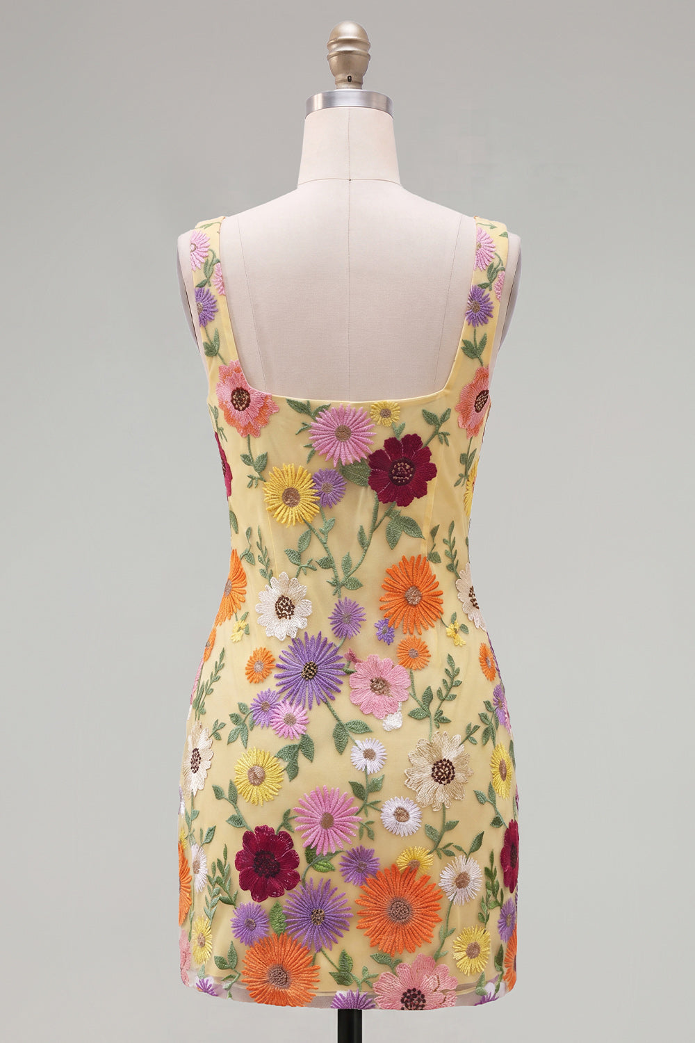 Butter Yellow Floral Square Neck Tight Short Homecoming Dress
