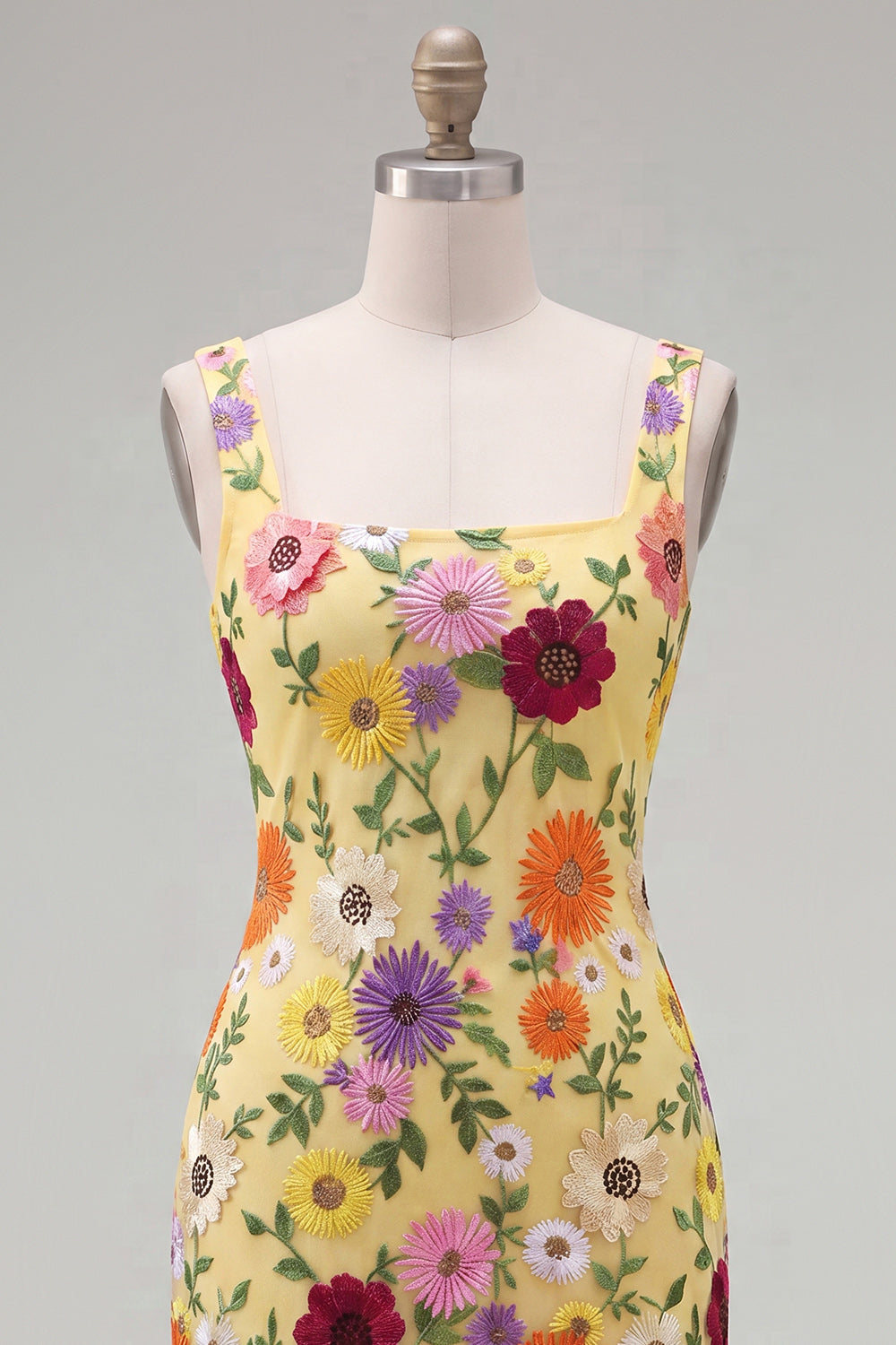 Butter Yellow Floral Square Neck Tight Short Homecoming Dress