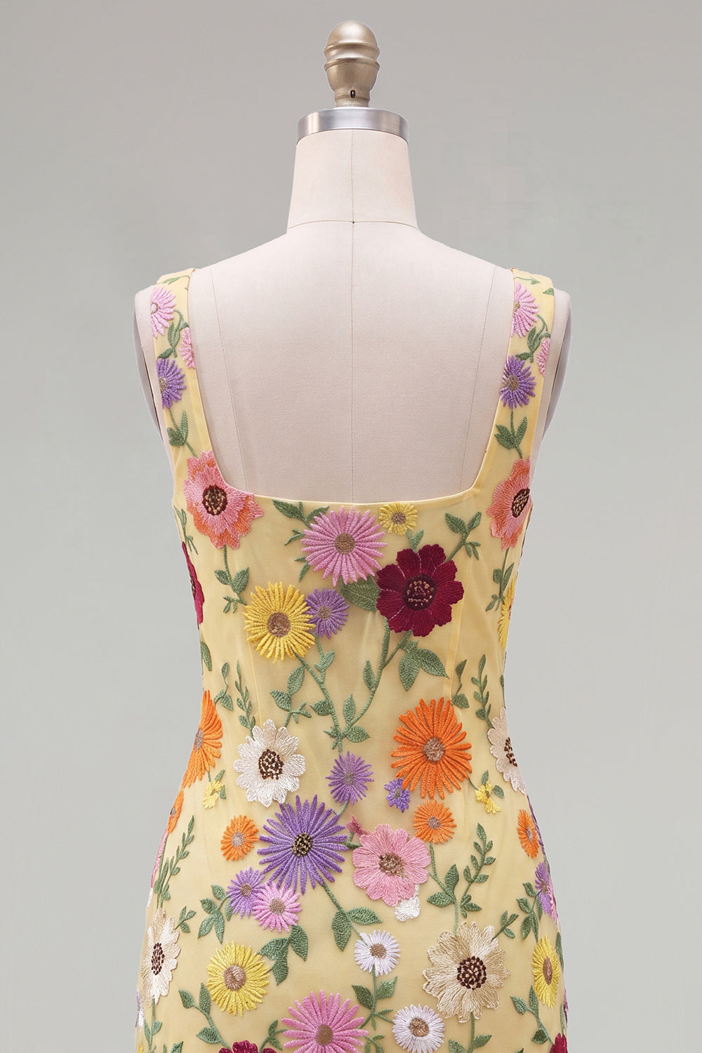 Butter Yellow Floral Square Neck Tight Short Homecoming Dress