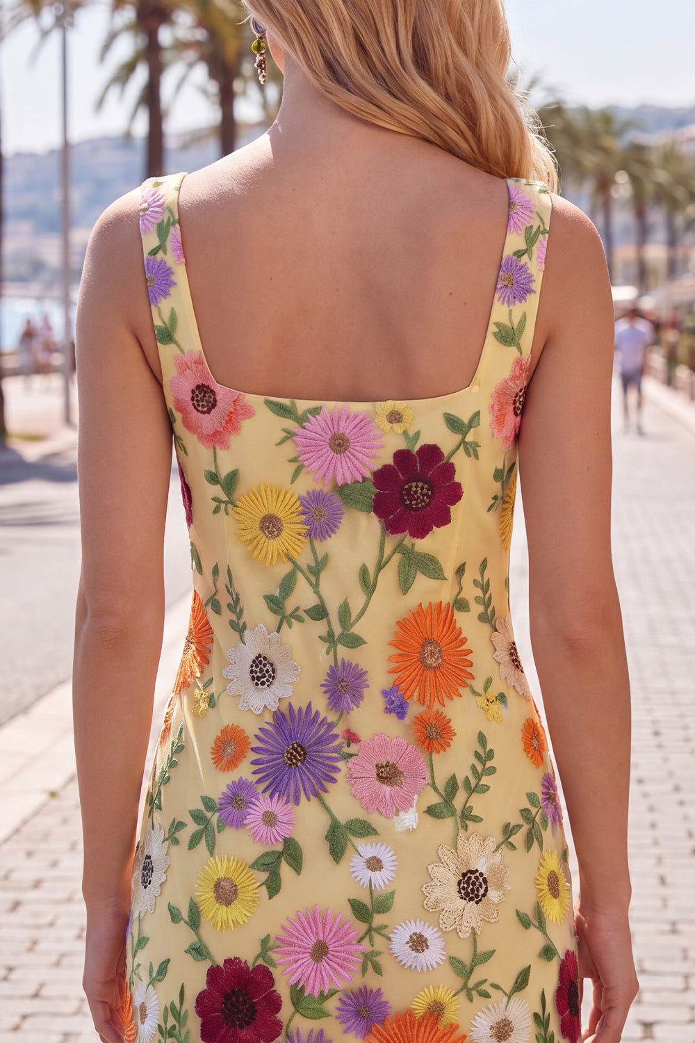 Butter Yellow Floral Square Neck Tight Short Homecoming Dress