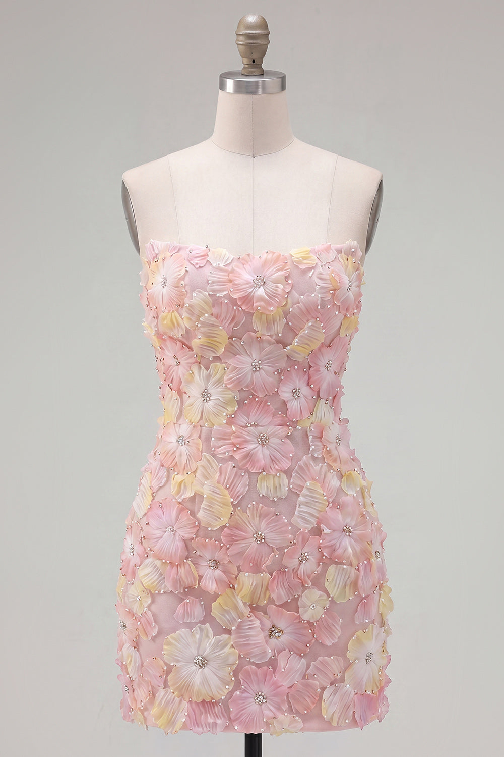 Yellow Floral Tight Short Strapless Beaded Homecoming Dress