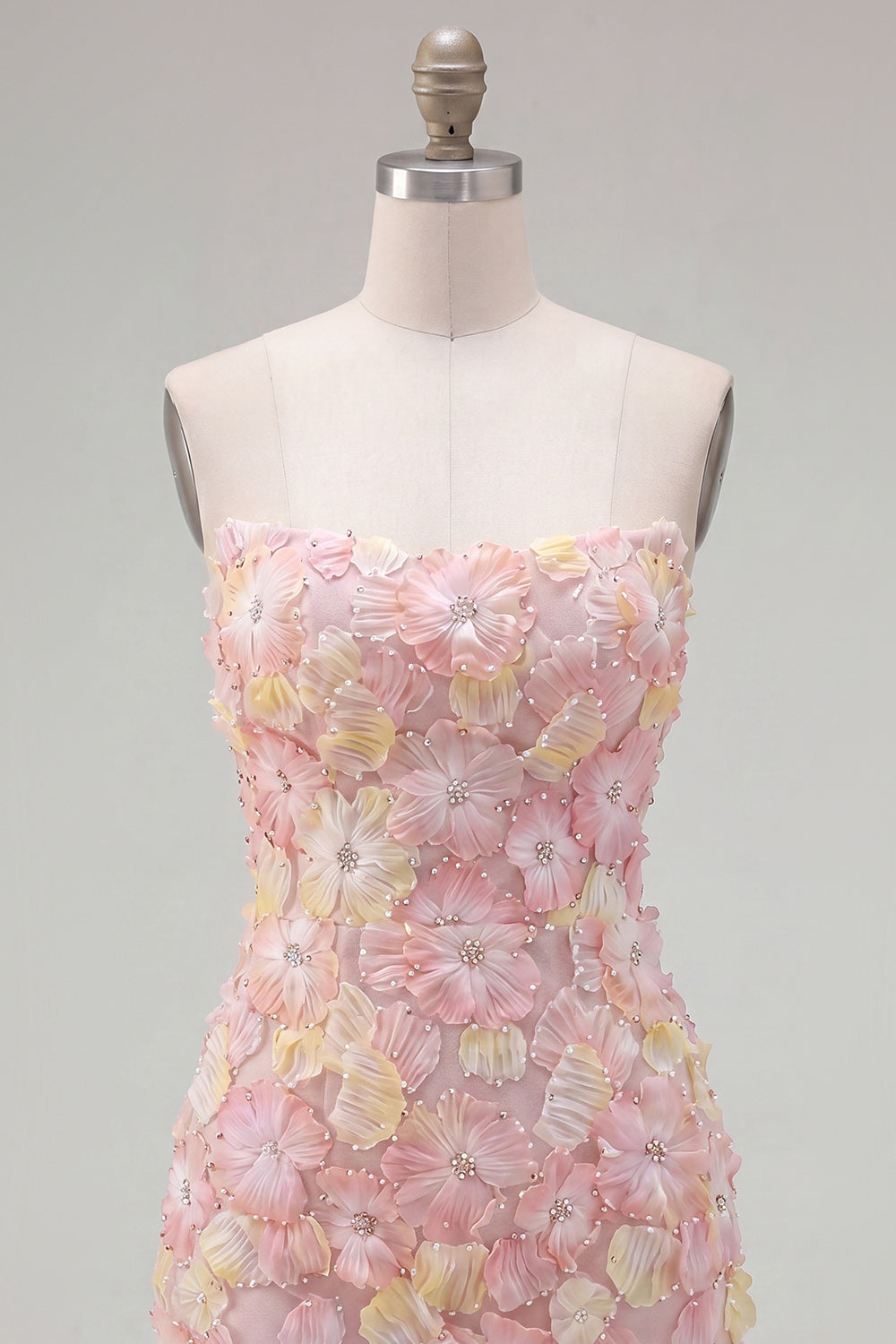 Yellow Floral Tight Short Strapless Beaded Homecoming Dress
