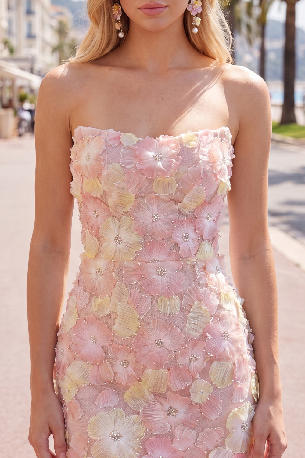 Yellow Floral Tight Short Strapless Beaded Homecoming Dress