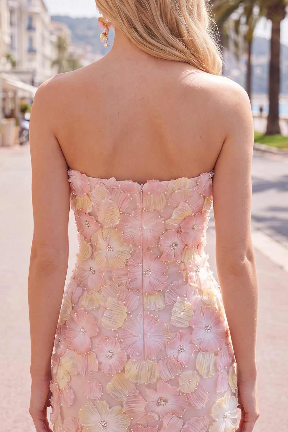 Yellow Floral Tight Short Strapless Beaded Homecoming Dress
