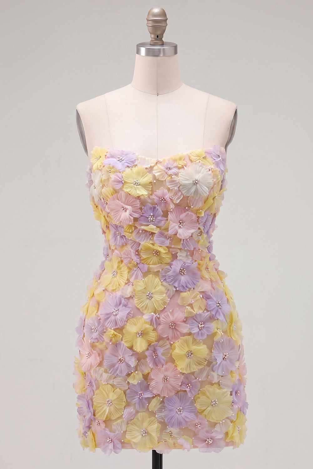 Yellow Floral Tight Short Strapless Beaded Homecoming Dress