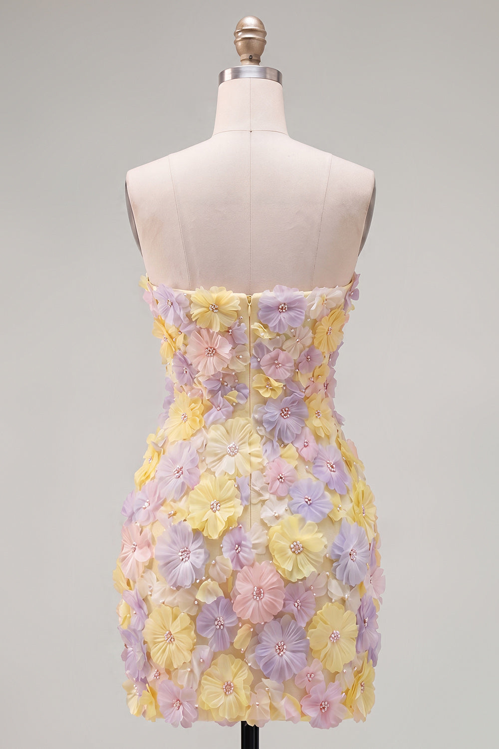 Yellow Floral Tight Short Strapless Beaded Homecoming Dress