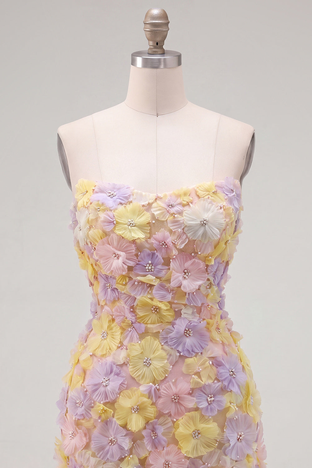 Yellow Floral Tight Short Strapless Beaded Homecoming Dress
