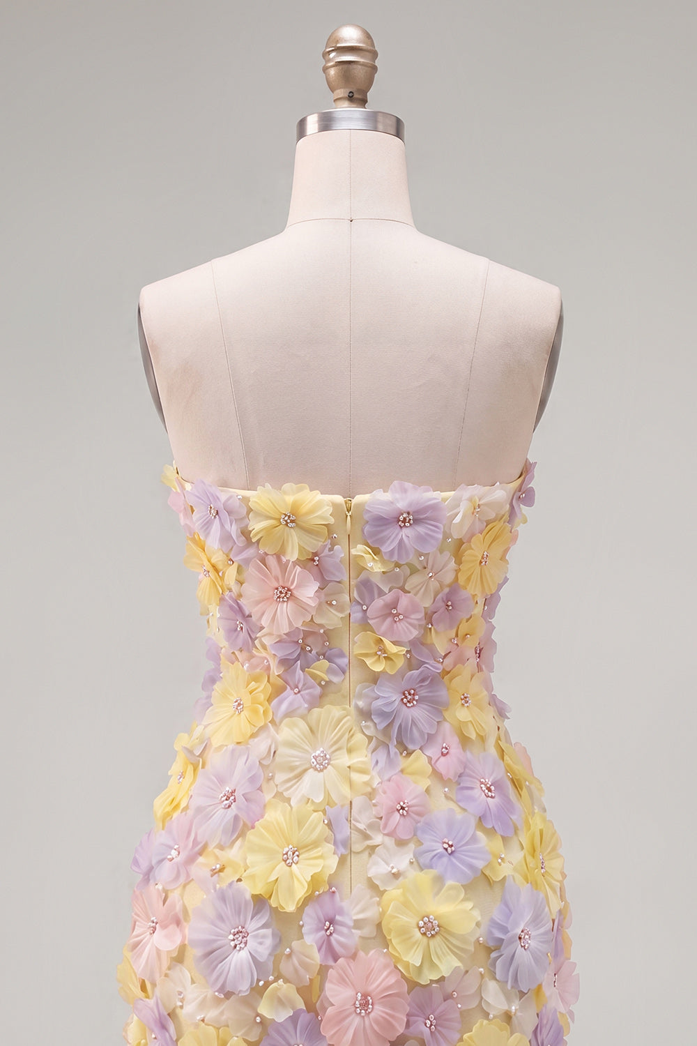 Yellow Floral Tight Short Strapless Beaded Homecoming Dress