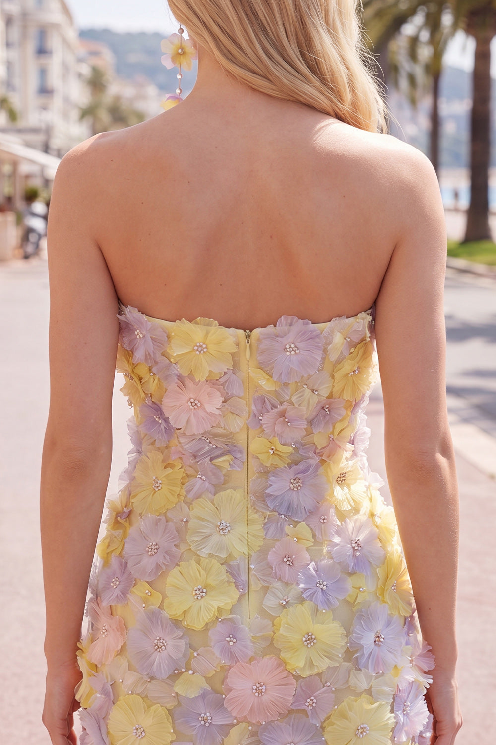Yellow Floral Tight Short Strapless Beaded Homecoming Dress