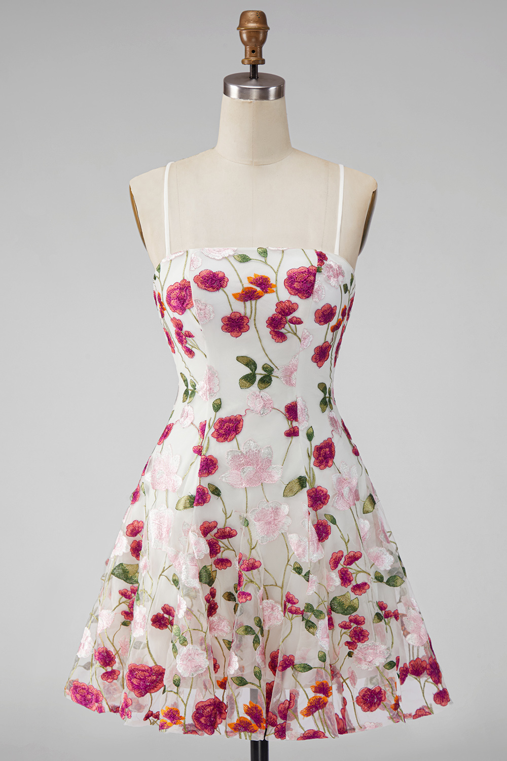 Pink Red Flower Spaghetti Straps Short A Line Homecoming Dress