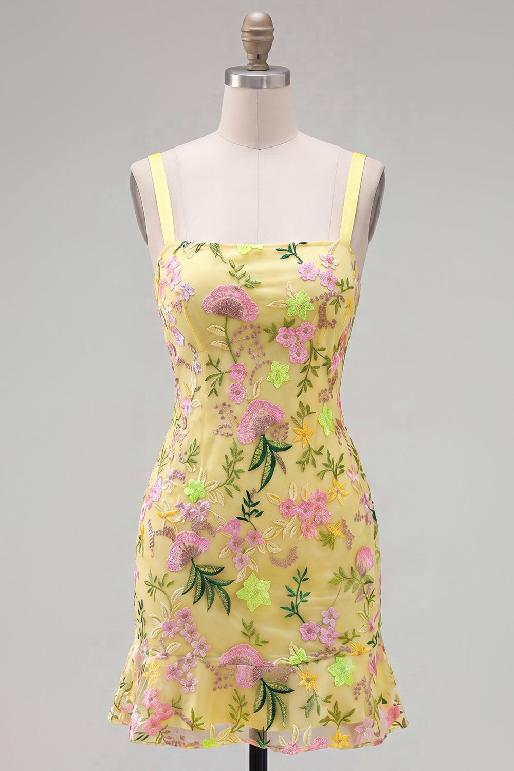 Butter Yellow Floral Short Tight Homecoming Dress with Ruffles
