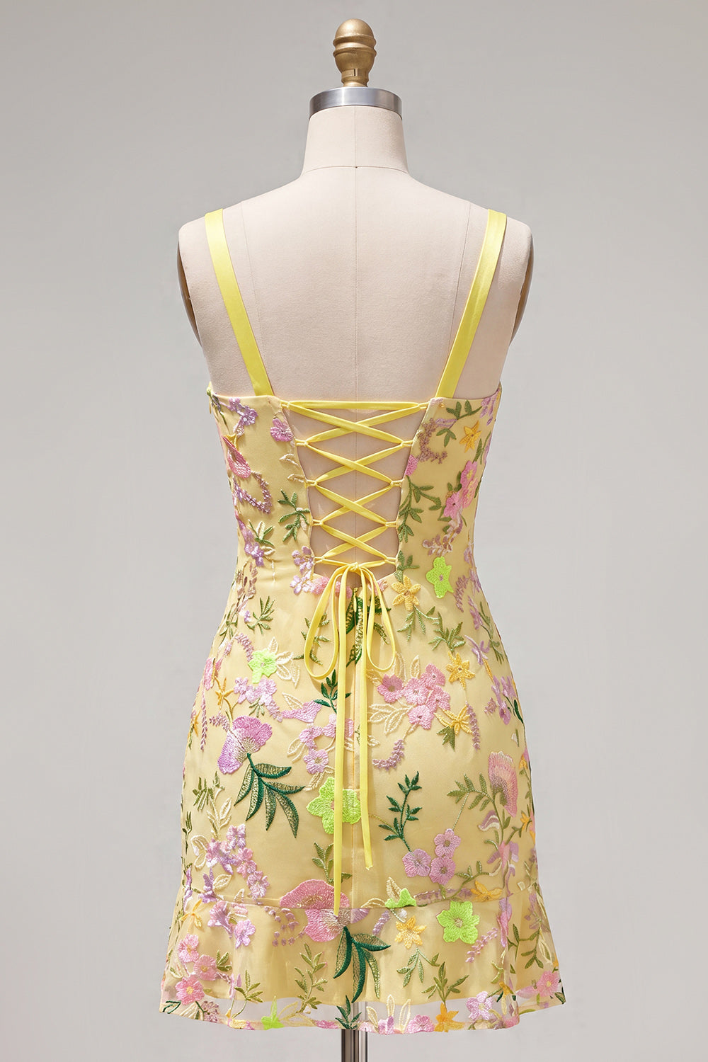 Butter Yellow Floral Short Tight Homecoming Dress with Ruffles