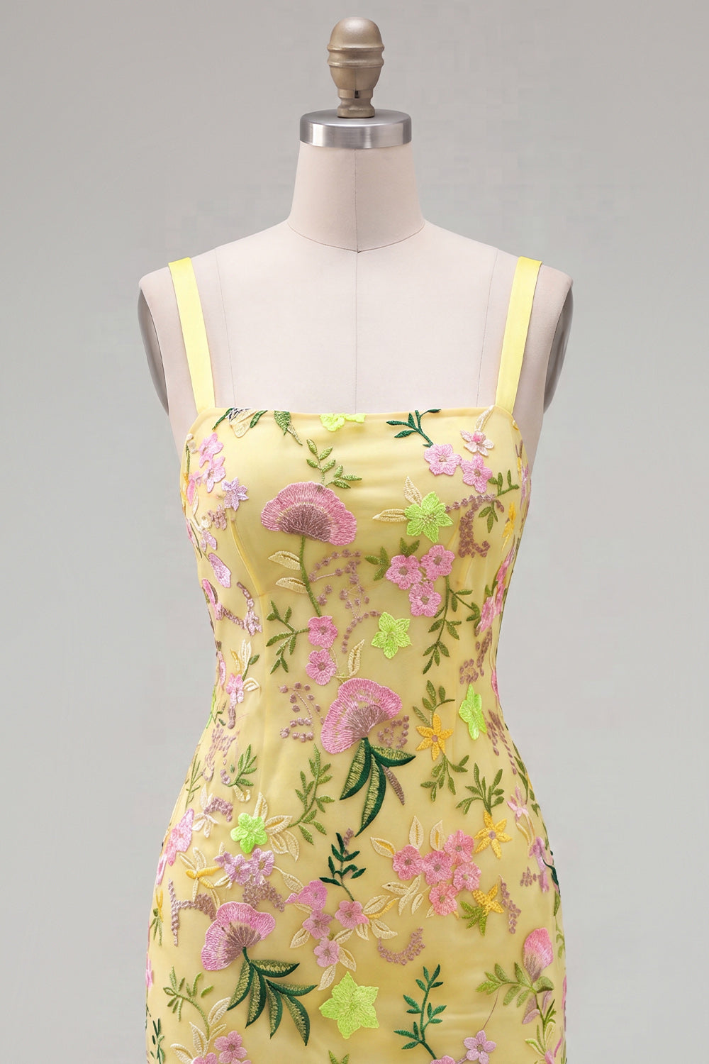 Butter Yellow Floral Short Tight Homecoming Dress with Ruffles