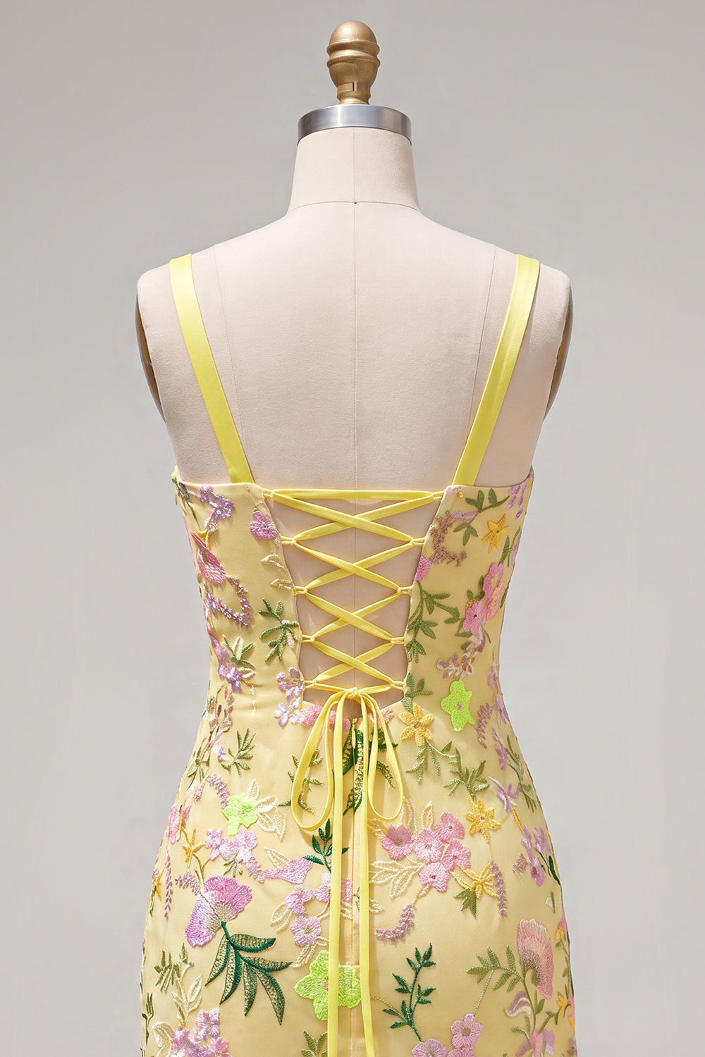 Butter Yellow Floral Short Tight Homecoming Dress with Ruffles
