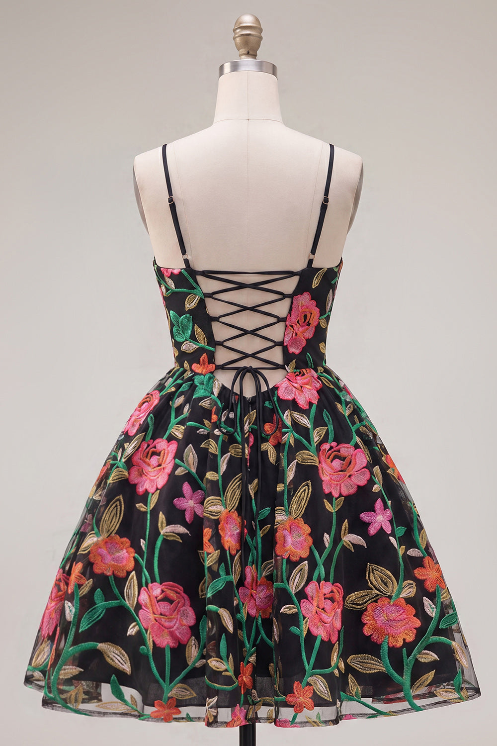 Black Red Flower Spaghetti Straps A Line Short Homecoming Dress