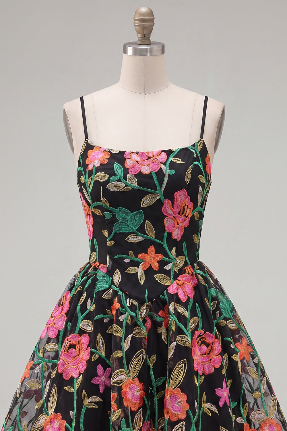 Black Red Flower Spaghetti Straps A Line Short Homecoming Dress