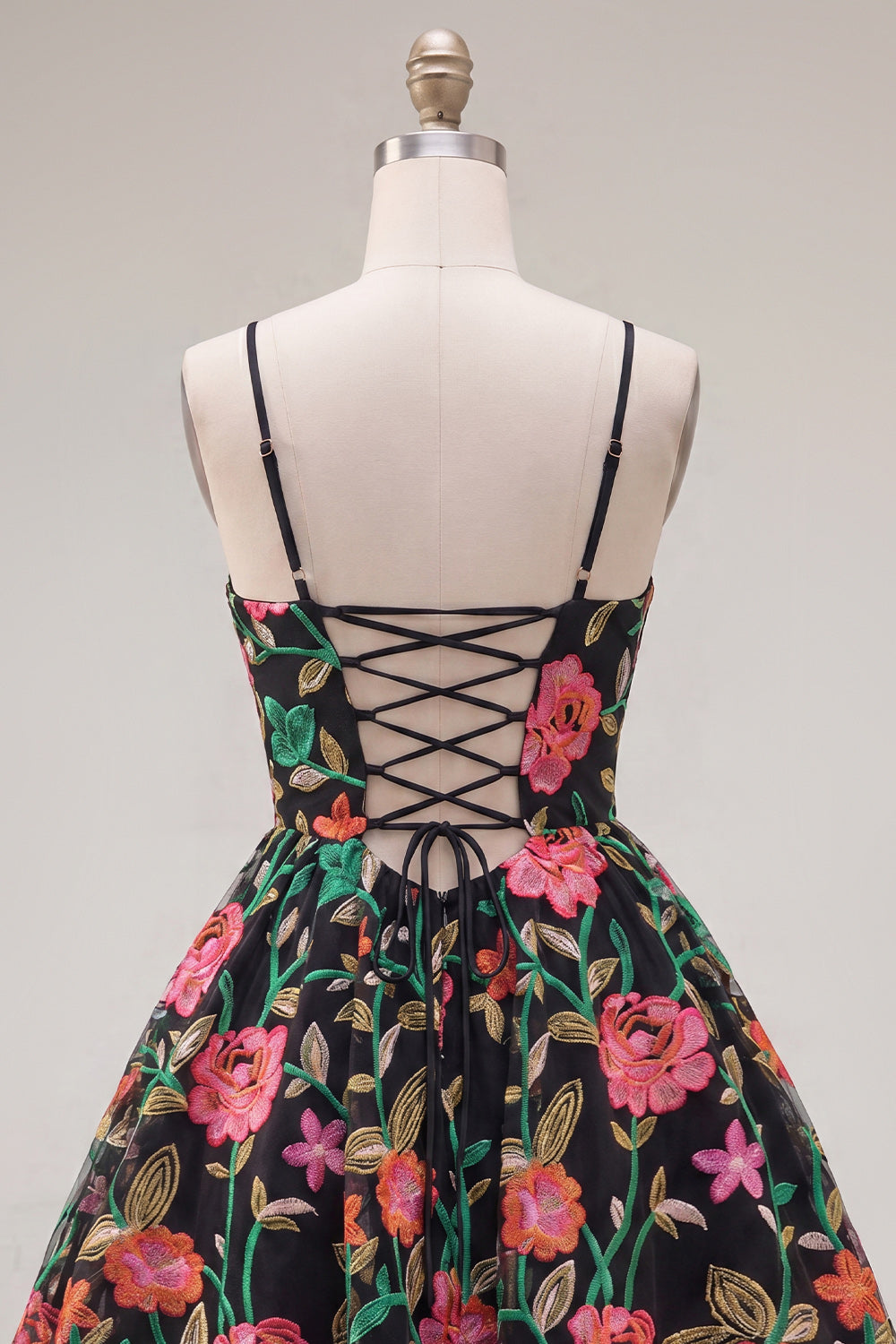 Black Red Flower Spaghetti Straps A Line Short Homecoming Dress
