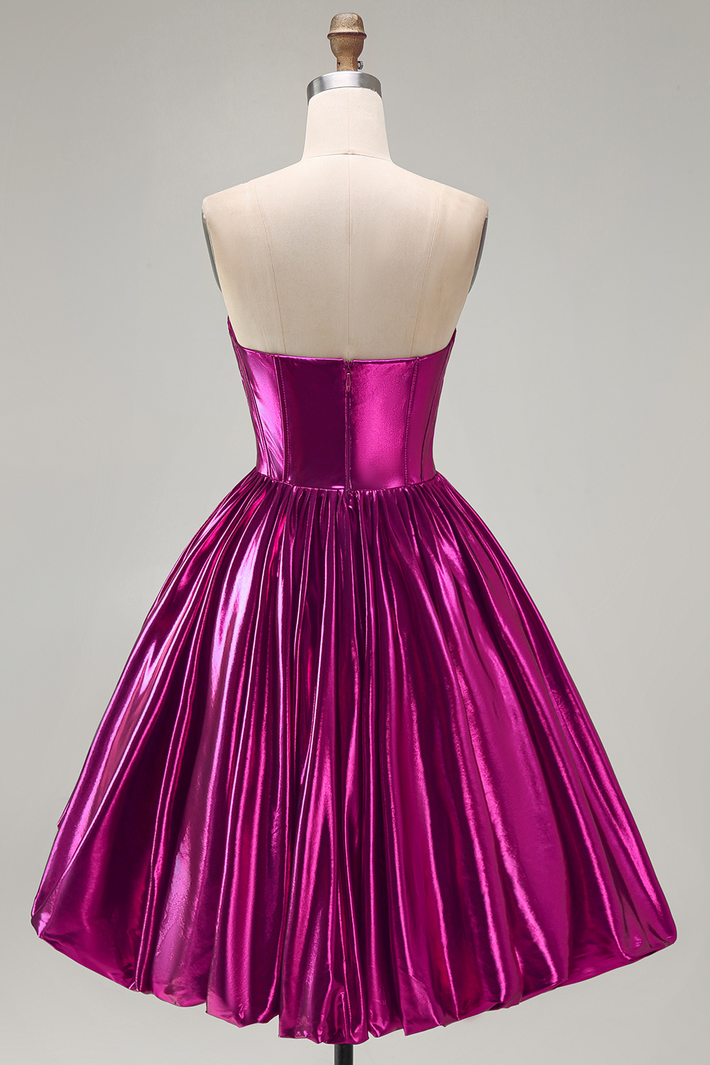 Fuchsia Ruched Metallic High-Low 80s Homecoming Dress with Pockets