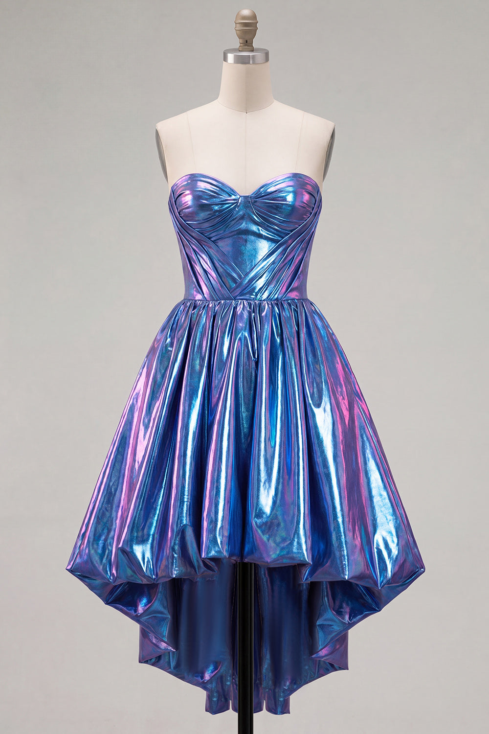 Fuchsia Ruched Metallic High-Low 80s Homecoming Dress with Pockets