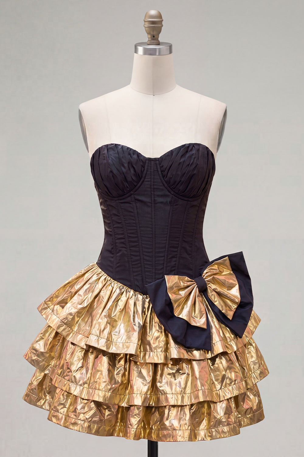 Black Golden Metallic Corset Short Ruffled A-Line 80s Homecoming Dress with Bow