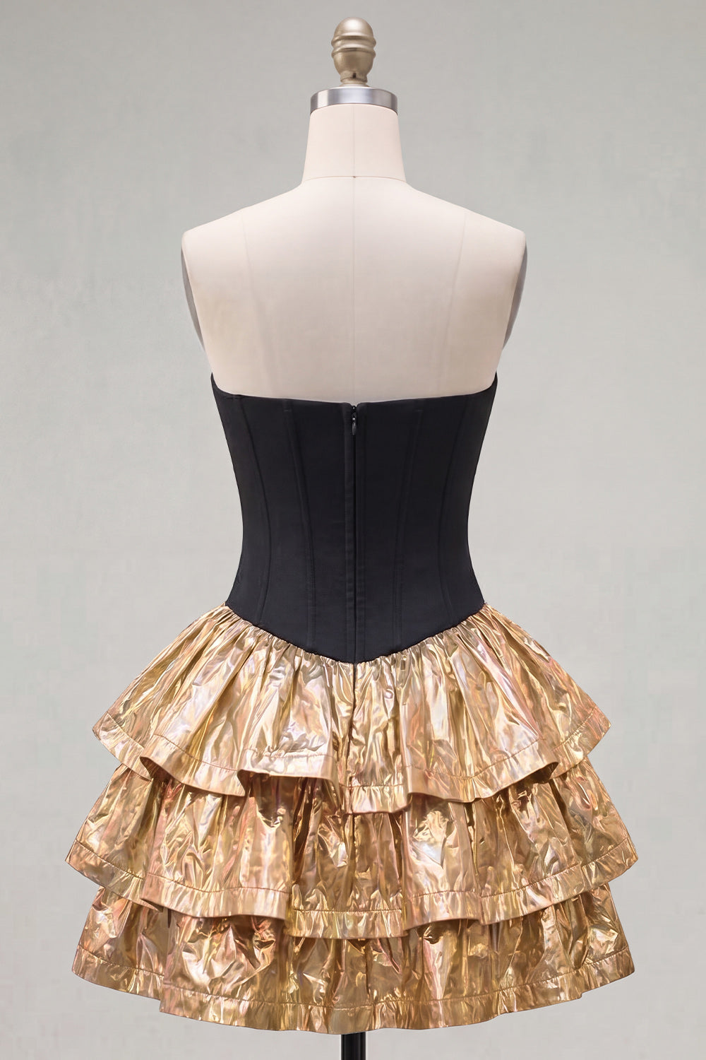 Black Golden Metallic Corset Short Ruffled A-Line 80s Homecoming Dress with Bow