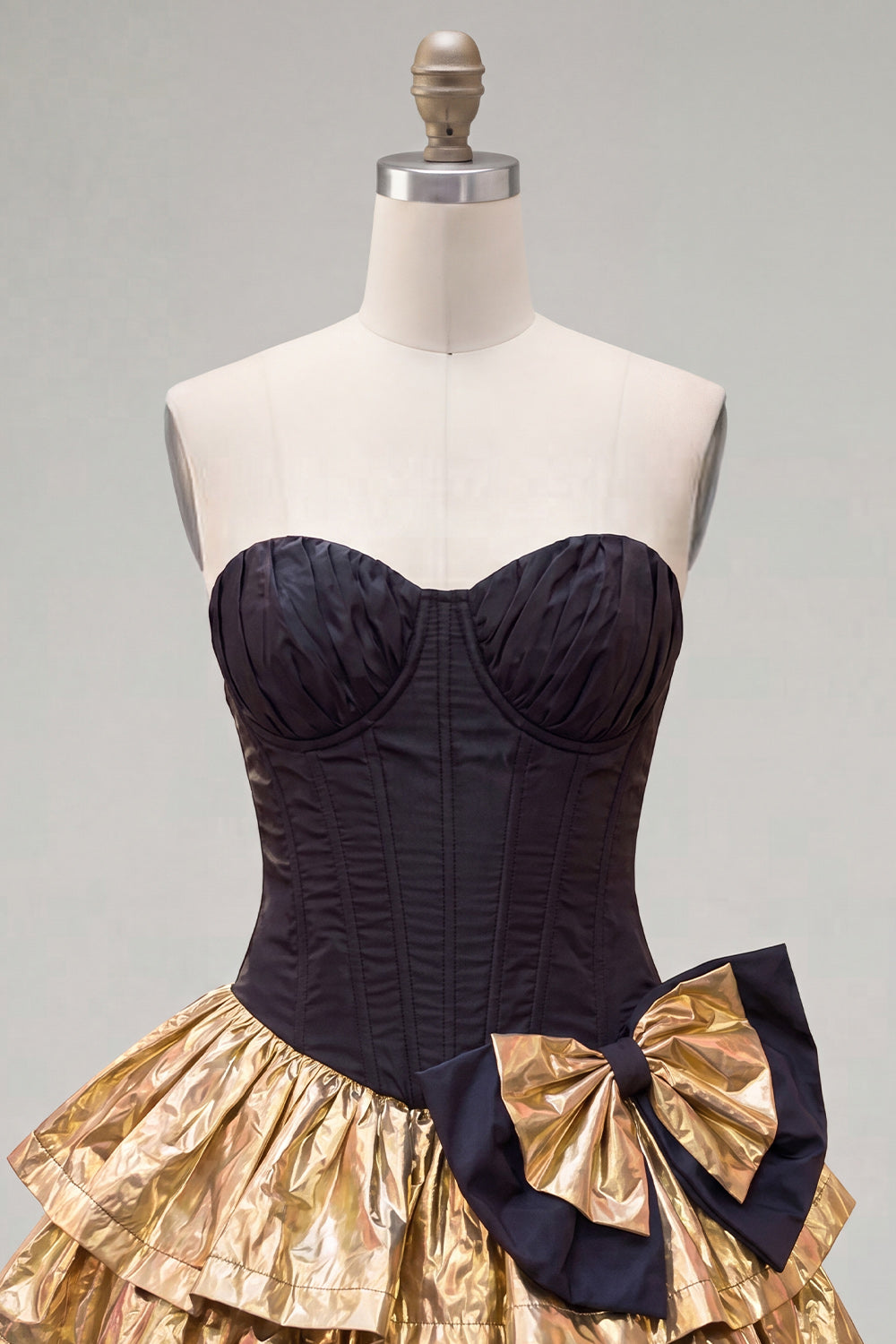 Black Golden Metallic Corset Short Ruffled A-Line 80s Homecoming Dress with Bow