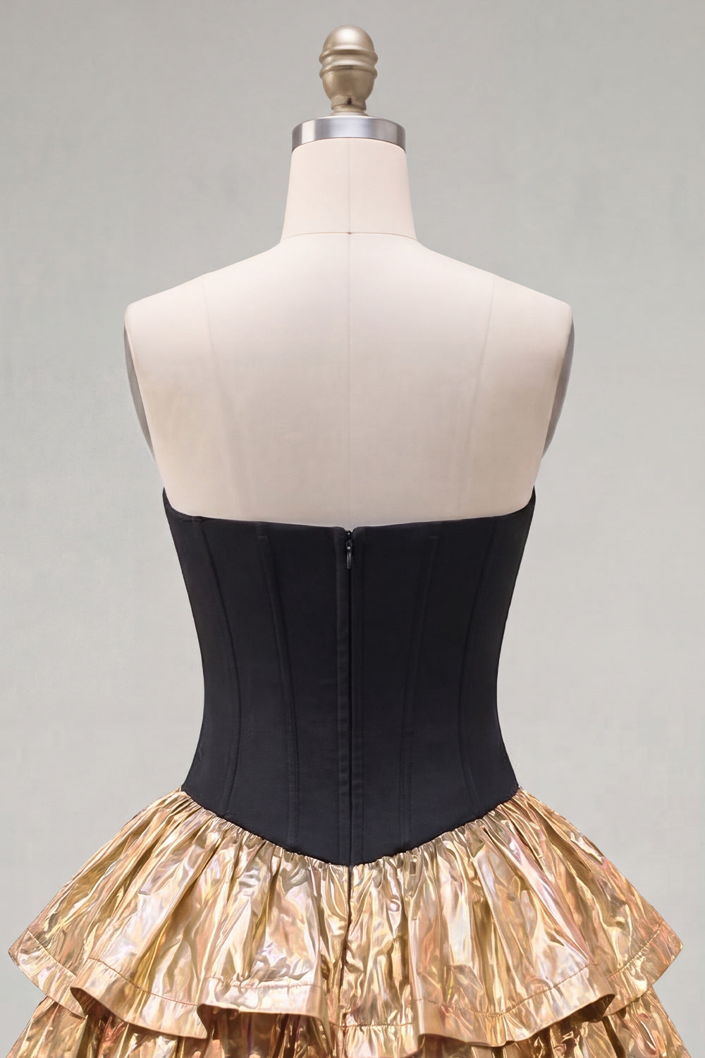 Black Golden Metallic Corset Short Ruffled A-Line 80s Homecoming Dress with Bow