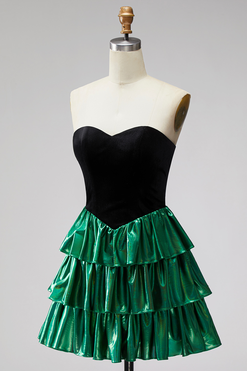 Black Green Metallic Tiered A-Line Ruffled Short 80s Homecoming Dress