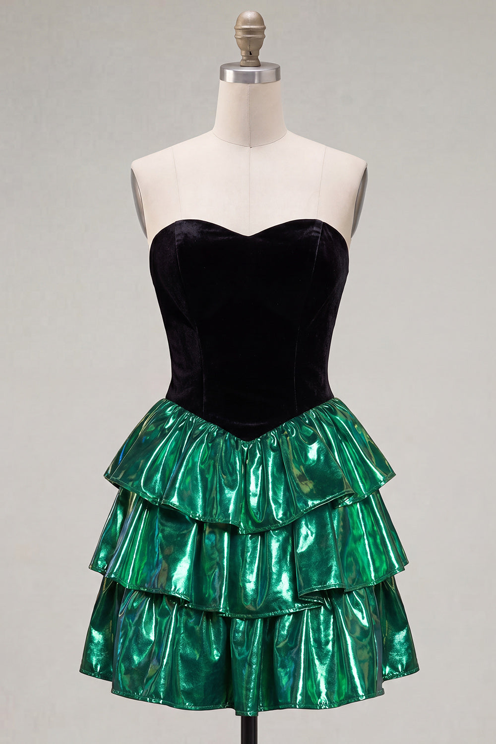 Black Green Metallic Tiered A-Line Ruffled Short 80s Homecoming Dress