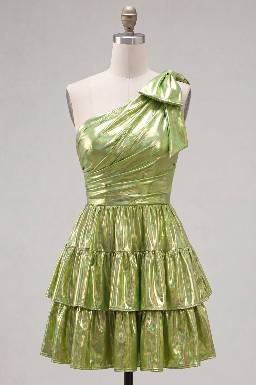 Dark Green Metallic A-Line Ruffled Short 80s Homecoming Dress with Bow