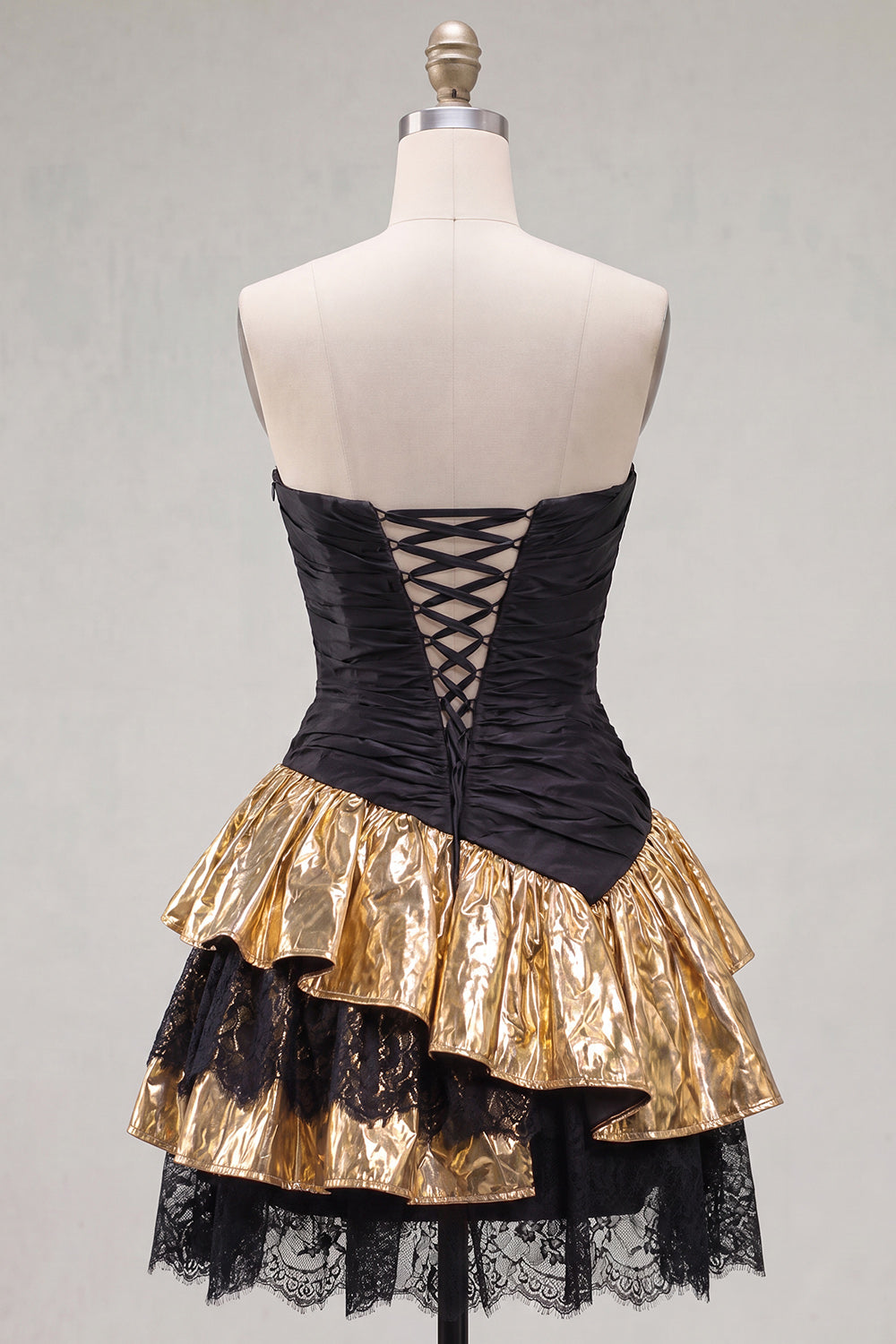 Black Golden A Line Short Ruffled 80s Homecoming Dress with Lace