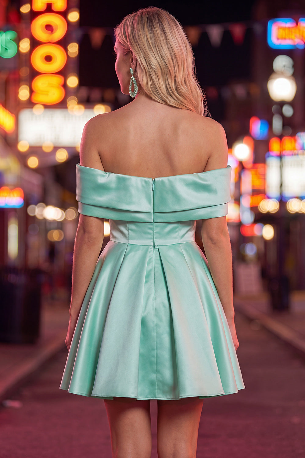 Mint Satin Off The Shoulder A-Line Short 80s Homecoming Dress