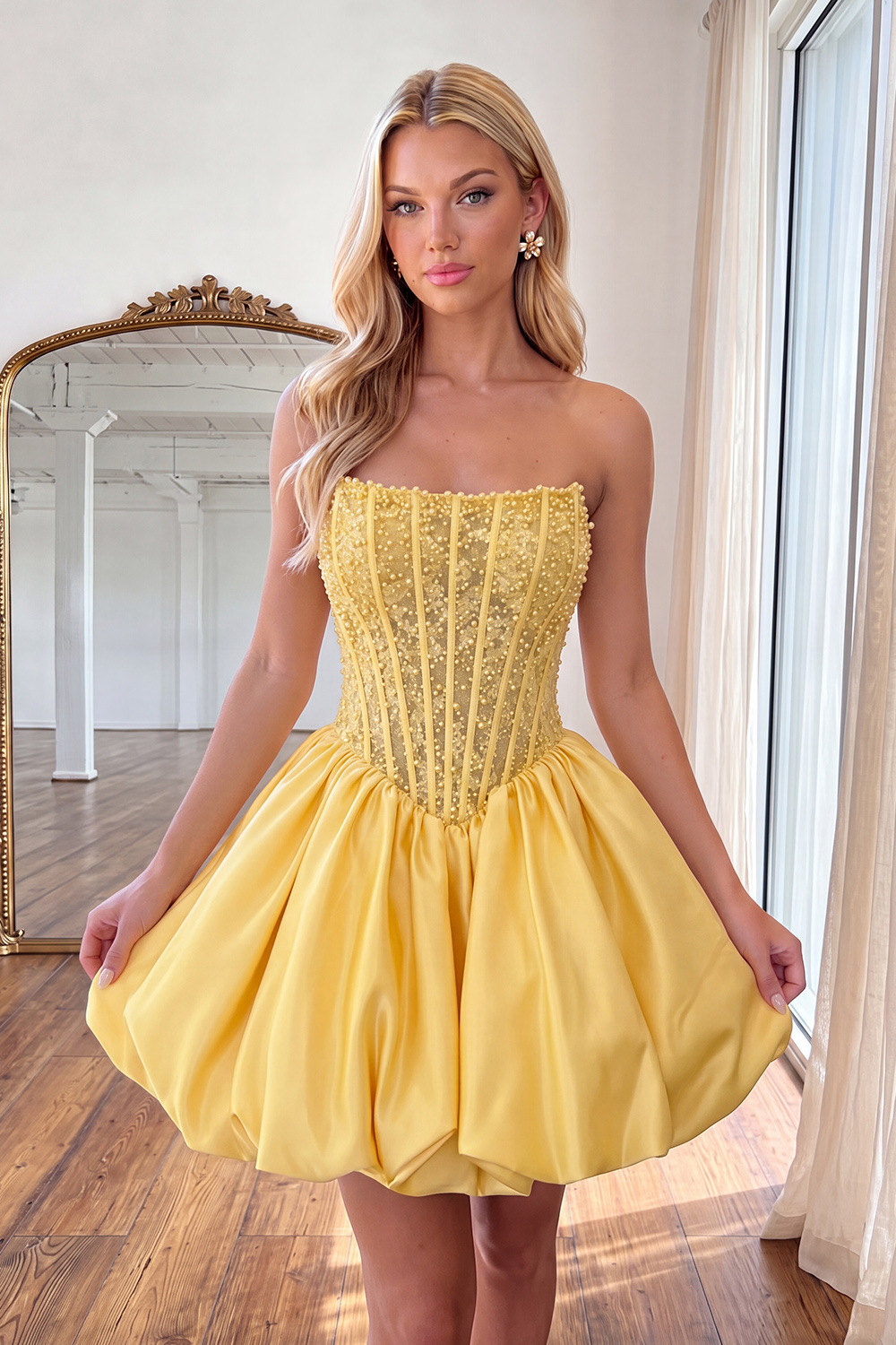 Yellow Strapless Corset Beaded A-Line Short Homecoming Dress