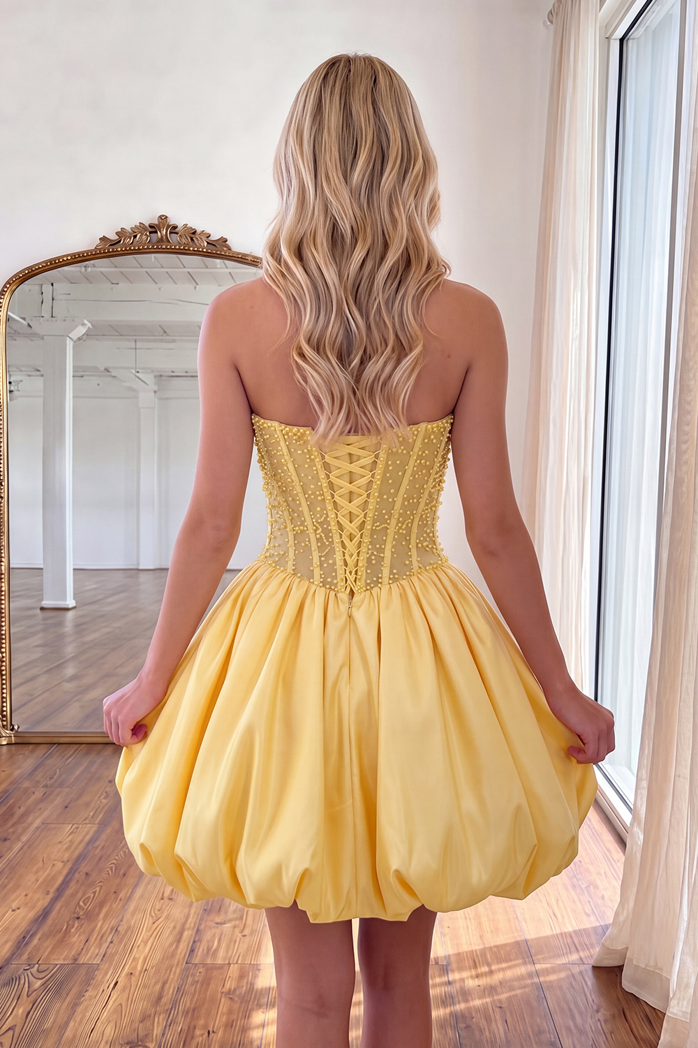 Yellow Strapless Corset Beaded A-Line Short Homecoming Dress