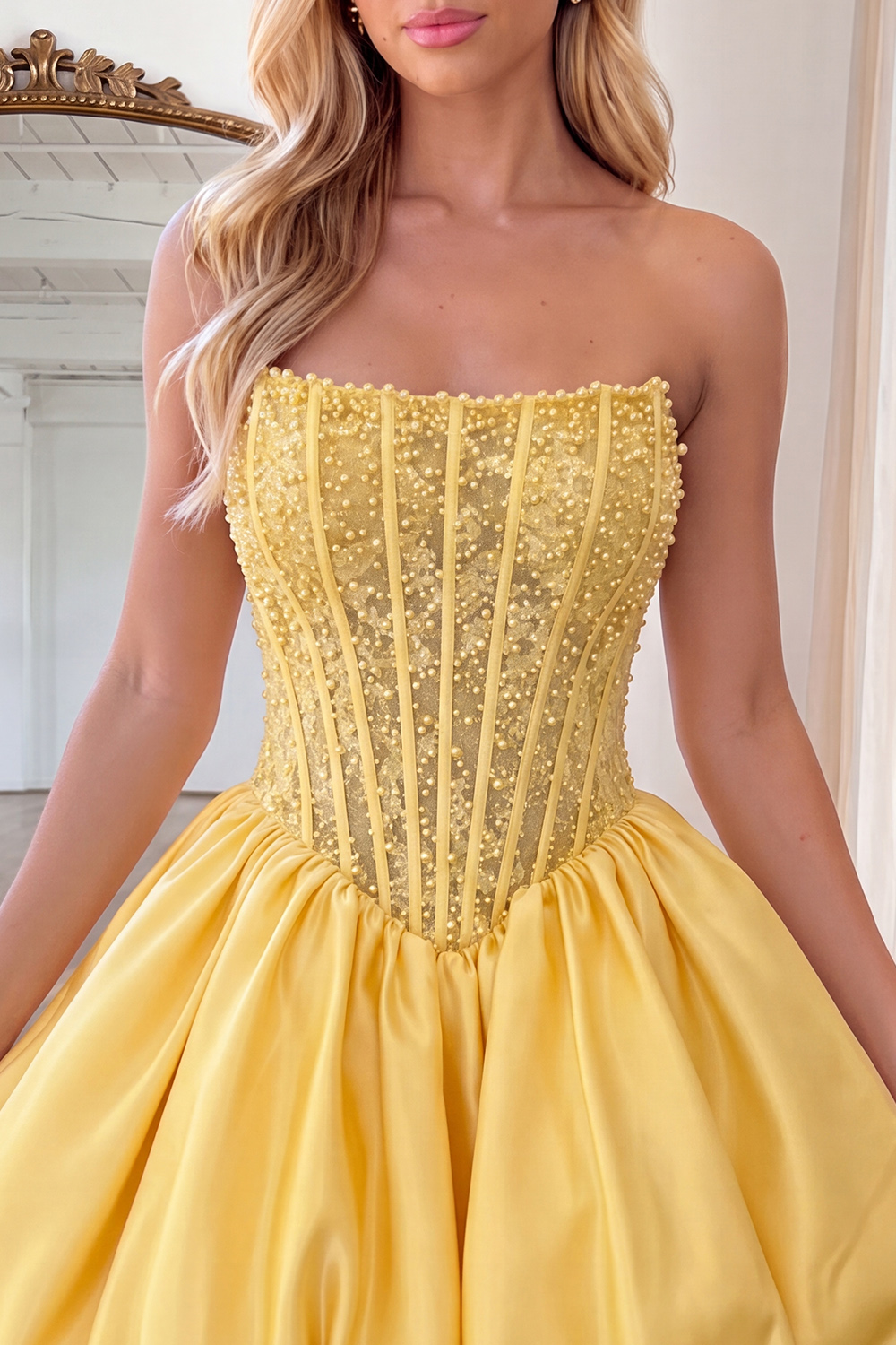 Yellow Strapless Corset Beaded A-Line Short Homecoming Dress