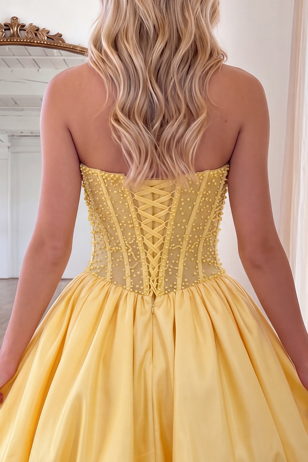 Yellow Strapless Corset Beaded A-Line Short Homecoming Dress