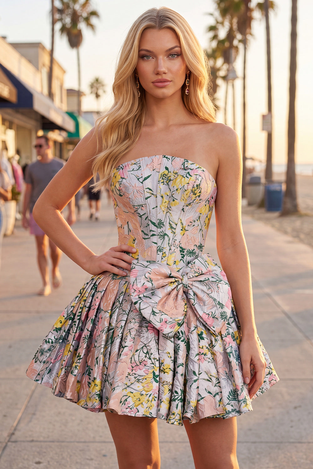 Corset Grey Jacquard A-Line Short Homecoming Dress with Bow