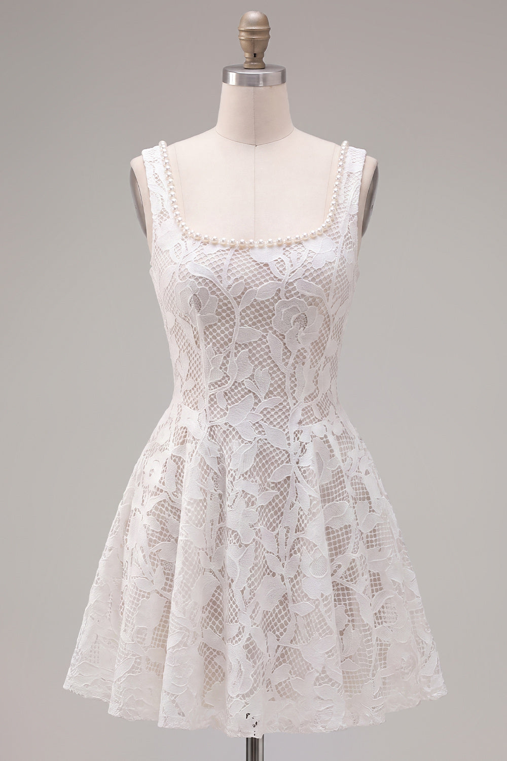 Floral White Lace Scoop Neck Beaded A-Line Short Homecoming Dress