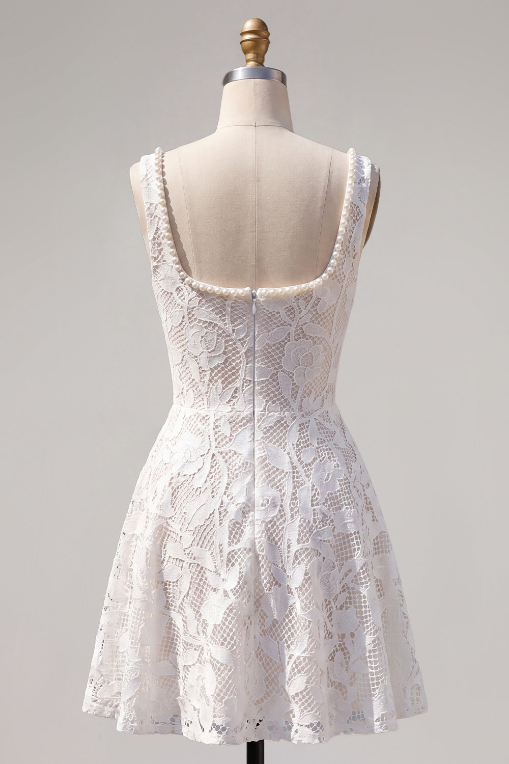 Floral White Lace Scoop Neck Beaded A-Line Short Homecoming Dress