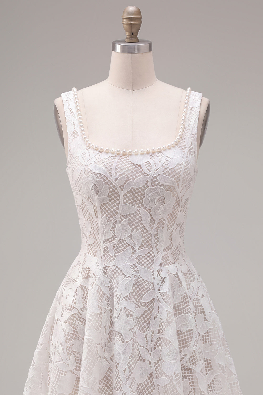 Floral White Lace Scoop Neck Beaded A-Line Short Homecoming Dress