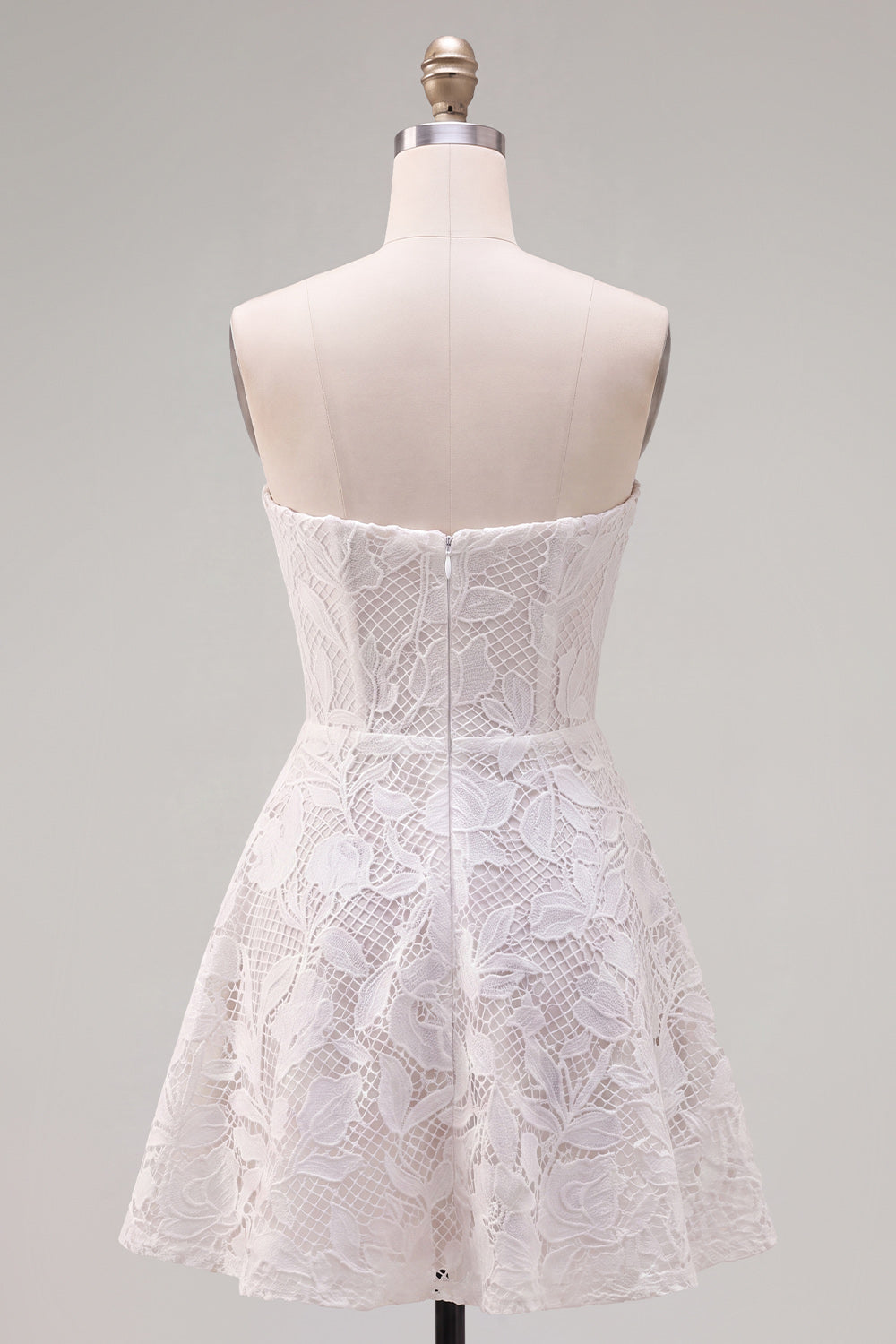 Floral White A-Line Lace Strapless Short Homecoming Dress with Bow
