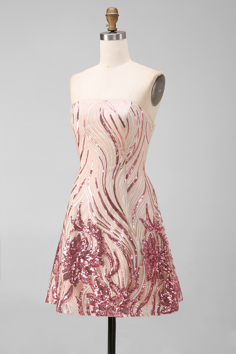 Sparkly Gold and Pink Short Floral Strapless Sequin Homecoming Dress