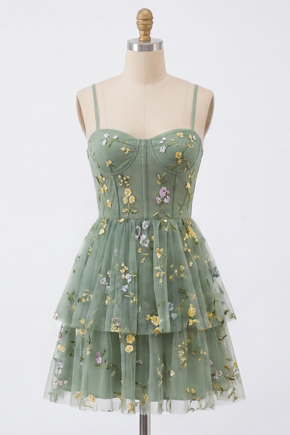 Dusty Sage Floral Corset A Line Short Homecoming Dress with Ruffles