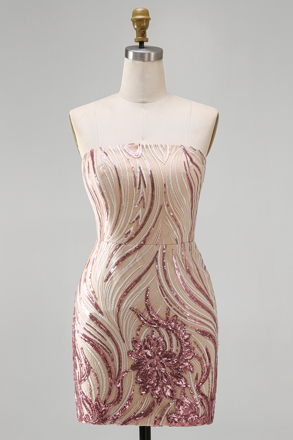 Sparkly Gold and Pink Tight Short Floral Strapless Sequin Homecoming Dress