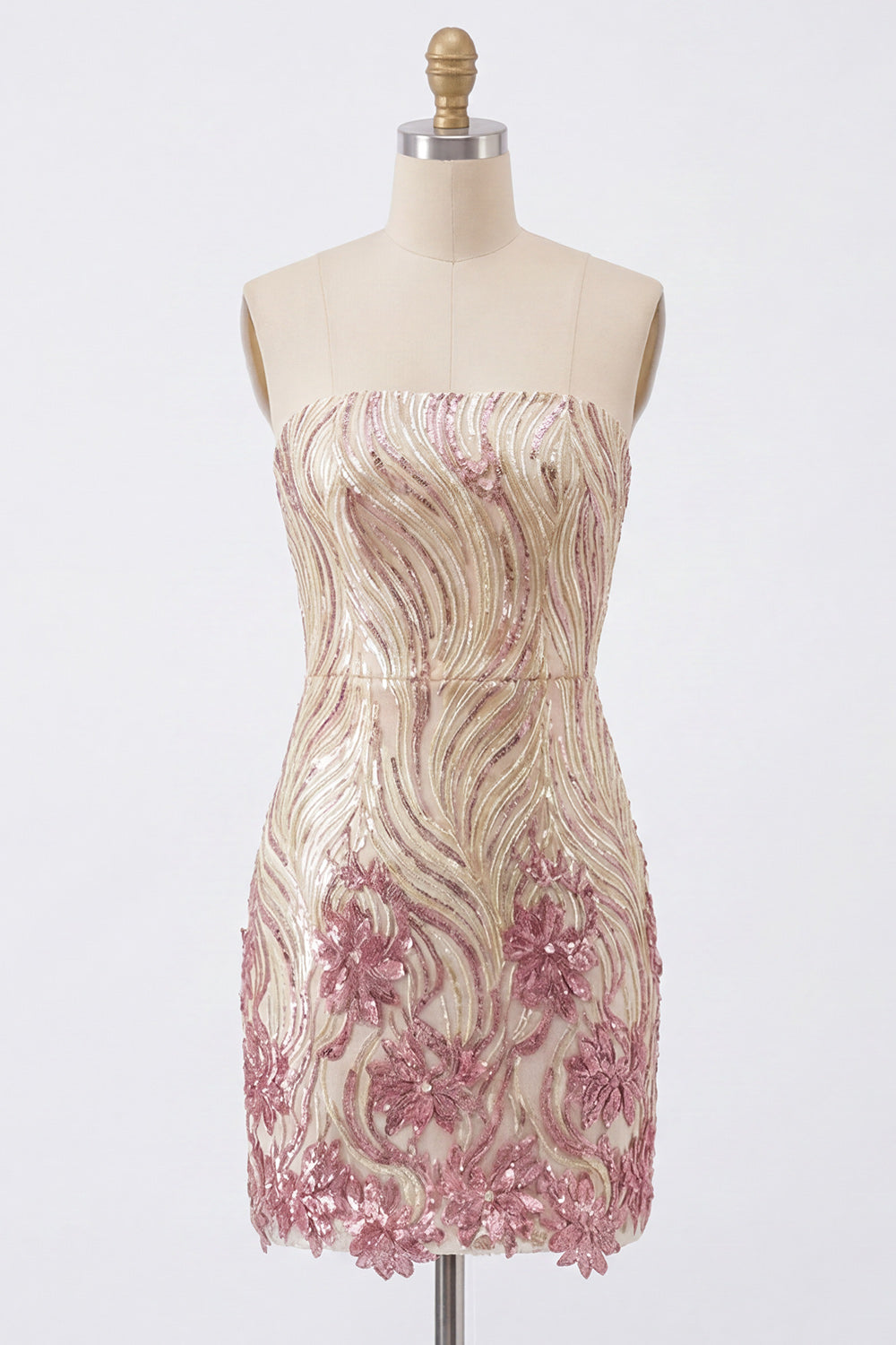 Sparkly Gold and Pink Tight Short Floral Strapless Sequin Homecoming Dress