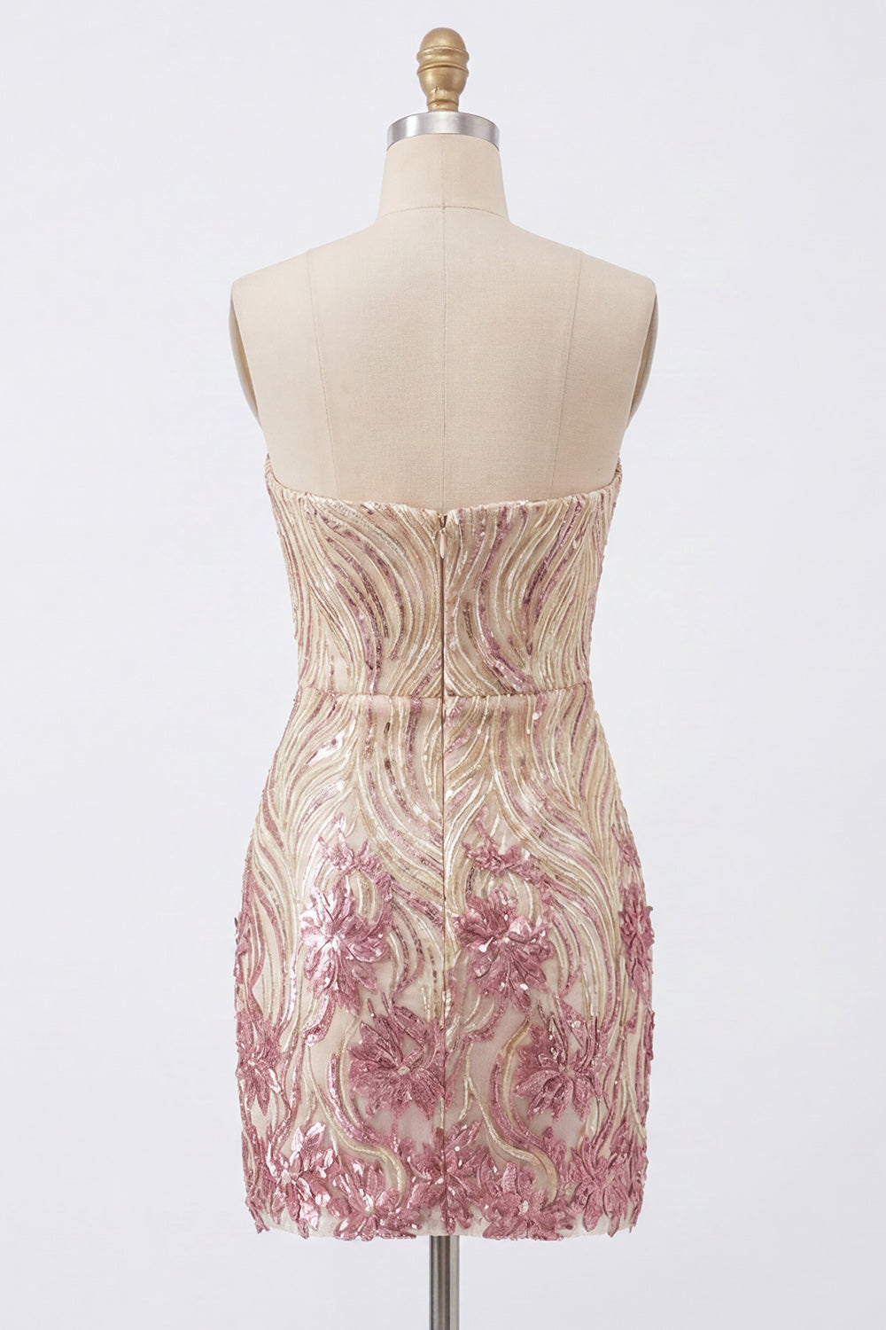 Sparkly Gold and Pink Tight Short Floral Strapless Sequin Homecoming Dress